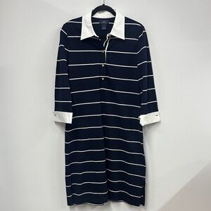 346 Brooks Brothers Classic Navy and White Striped Long Sleeve Dress L